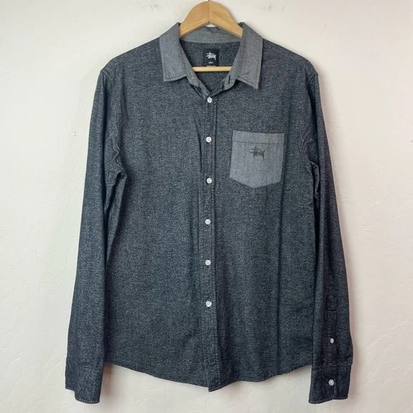 Stussy Men's Button Front Long Sleeve Textured Cotton Skater Shirt Size Large